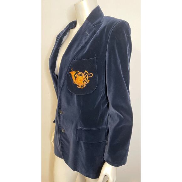 Ralph Lauren Navy Blue Velvet Fox Crest Blazer Jacket Womens 10 Embroidered Horn - Picture 3 of 10